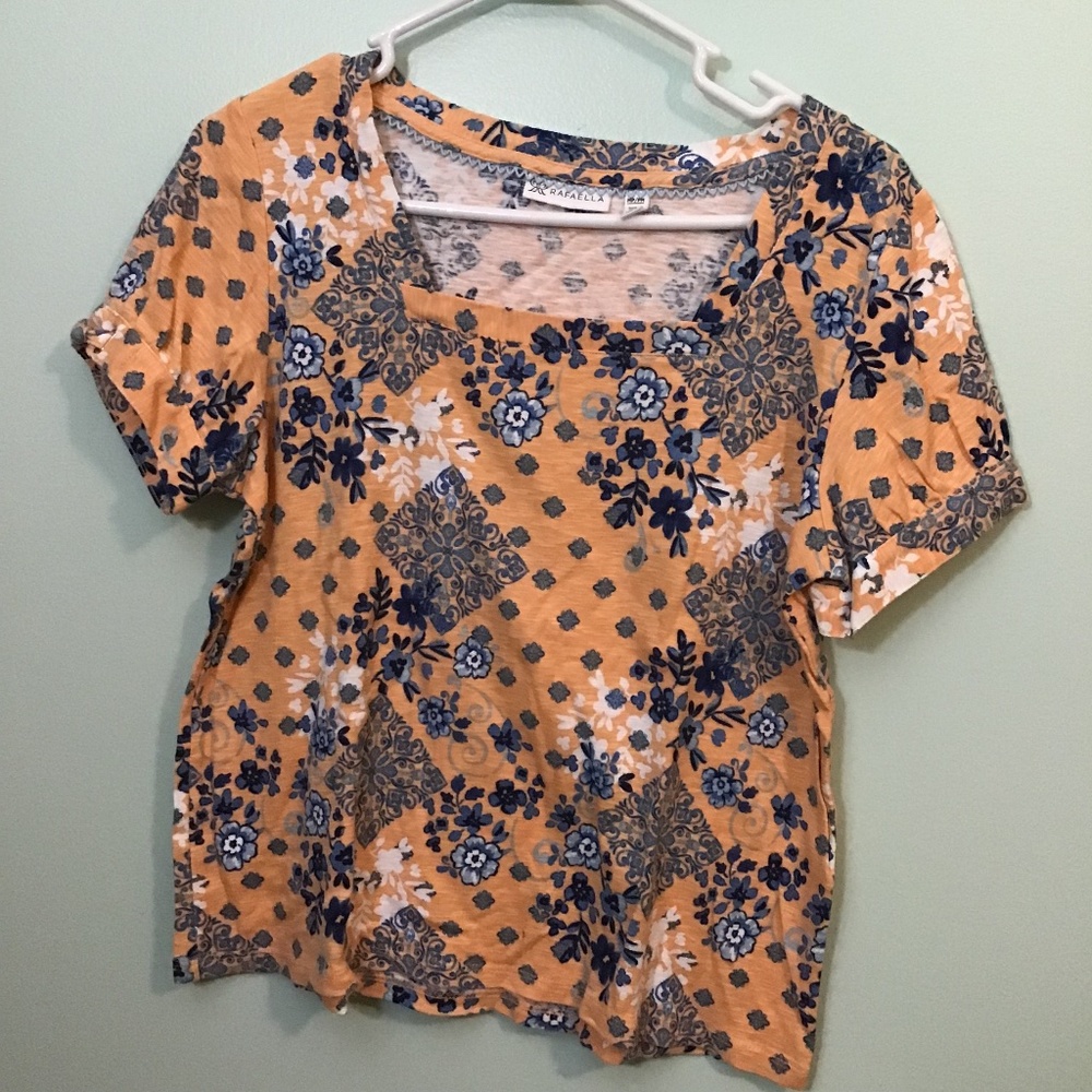 Orange and Blue Floral Square neck T